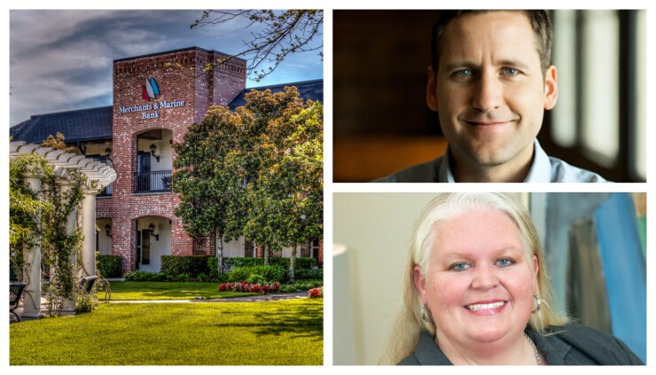 Left: Merchants & Marine Bank branch. Top right: Ryan Hildebrand, chief innovation officer of Bankwell Bank. Bottom right: Kim Kirk, chief operations officer of Queensborough National Bank & Trust.